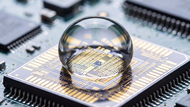 Microchip processor features a crystal clear water droplet resting on its intricate gold circuitry surface to symbolize the precision of modern hardware engineering and liquid cooling technology.