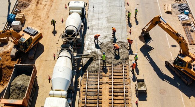 Large road construction project featuring concrete pouring, mixer trucks, and workers in safety uniforms.