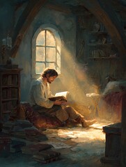 Fototapeta premium Man reading book in sunlight from window in vintage room among books