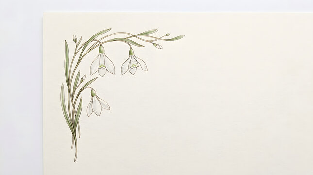 Snowdrop flower corner ornament. Delicate botanical illustration for wedding stationery.