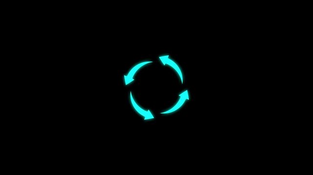 Seamless loop animation of bright circular arrow rotation cycle on black background, circular rotation animation of updated arrow pointer graphic element.