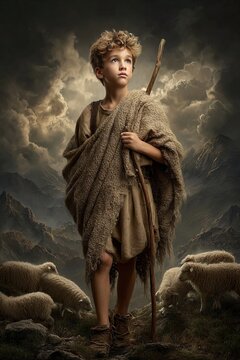 Shepherd boy with staff standing among sheep against dramatic clouds and mountains
