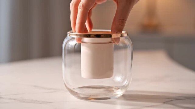 Close up of a person placing a small white cylindrical object into a clear glass jar.