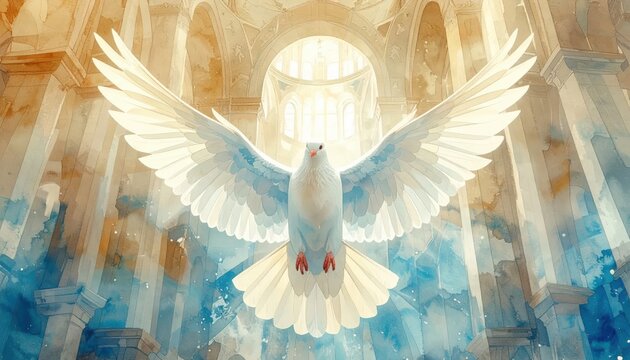 Watercolor illustration of a white dove flying with outspread wings in a sacred cathedral hall with divine light, symbolic of peace and spirituality, featuring copy space.