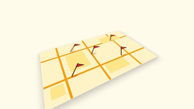 Digital map animation featuring red flags appearing on grid squares to highlight specific locations in this smooth motion video clip