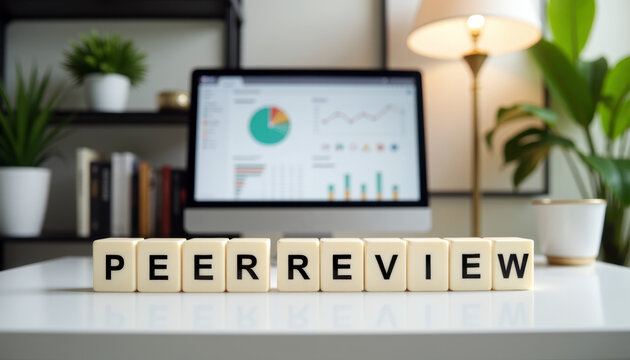 Academic analytics desk with PEER REVIEW blocks for research evaluation, manuscript feedback, scholarly assessment and publication workflow.
