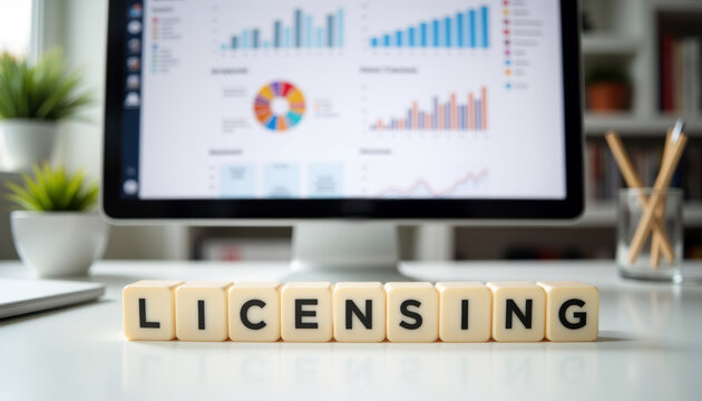 Software licensing dashboard with LICENSING blocks on a white desk for contract management, usage analytics, compliance review and corporate permissions.