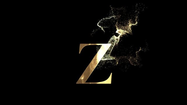 Small English letter Z of the alphabet with gold particles and transparent background, golden letter
