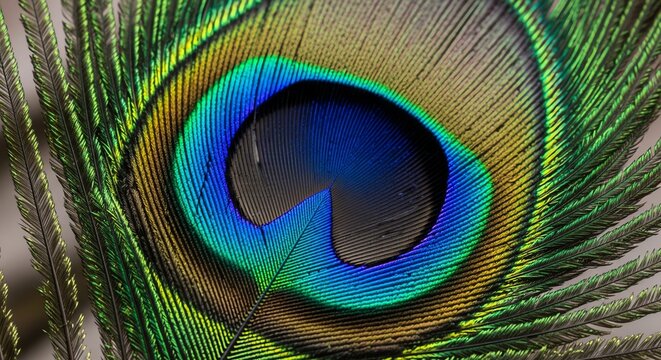 Macro close up shot of a vibrant peacock feather displaying intricate iridescent blue and green patterns with sharp natural textures