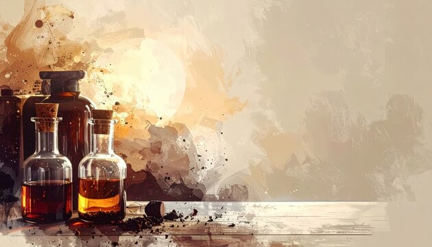 Artistic watercolor illustration of vintage apothecary bottles with liquid and corks on a wooden table with large copy space on a textured beige background.
