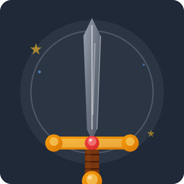 Minimalist vector illustration of a medieval fantasy sword icon on a dark starry background