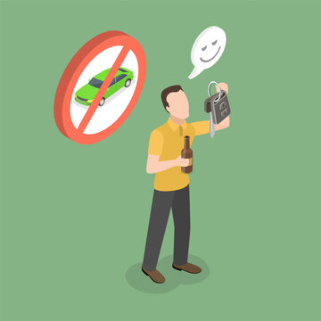 3D Isometric Flat Vector Illustration of Drunk Driving, Intoxicated Driver With Alcohol Bottle And Car Key Preparing To Commit Crime