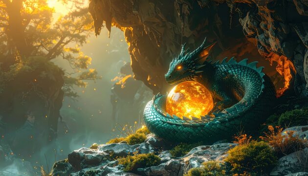 Green scaly dragon coiled around a glowing magical orb on a rocky cliffside near a cave entrance with warm sunlight and copy space.
