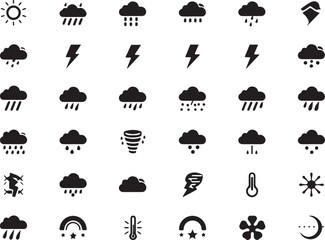 Obraz premium Weather icon set, black flat meteorology symbols, 36 vector elements for forecast apps
