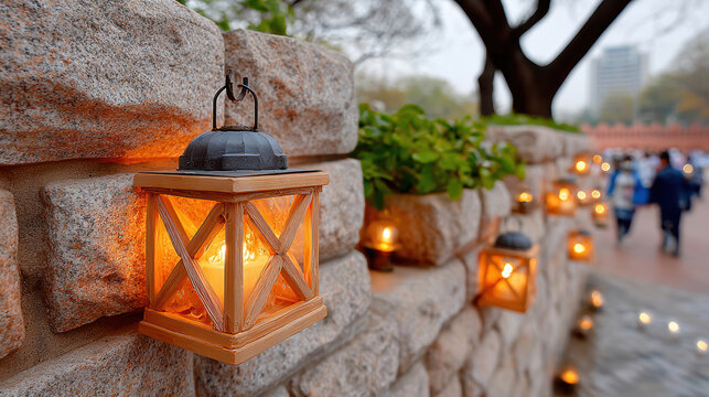 Glowing wooden lanterns mounted on a stone wall along a winter festival pathway for seasonal event banners and atmospheric street scene imagery