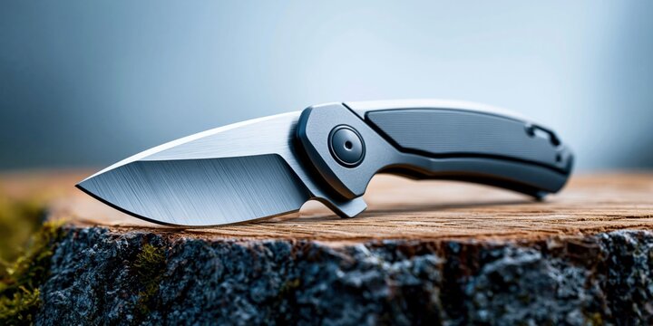 Sharp folding knife on wood log close up