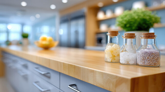 Clean clinic countertop with small glass jars and bottles on wooden surface, blurred medical fridge and shelves in background conveying organized exam room storage and clinical supply setup
