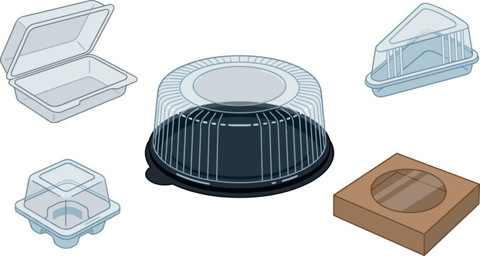 Plastic food packaging vector set featuring empty transparent cake containers clear clamshell boxes pastry slice holders and cardboard bakery box