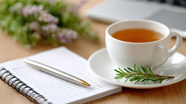 Organized workspace: notebook with resolutions list and tea