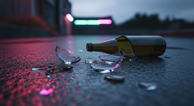 Broken glass bottle on wet pavement with neon lights.