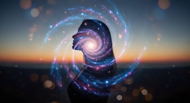 Cosmic Consciousness Silhouette of a Womans Head with Galaxy Swirl.