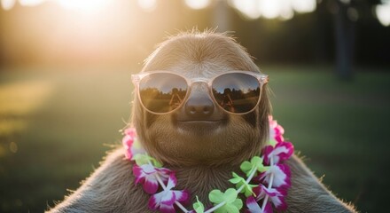 Obraz premium Funny Sloth Wearing Sunglasses and Lei in Tropical Sunset.