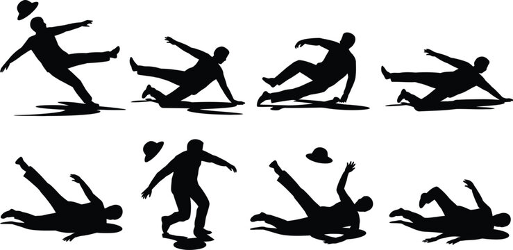 Set of black silhouettes showing a man slipping, falling, and losing his hat on a white background, depicting accidental trips and loss of balance