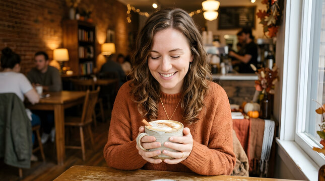 A young woman enjoys a warm beverage in a cozy coffee shop on a chilly day