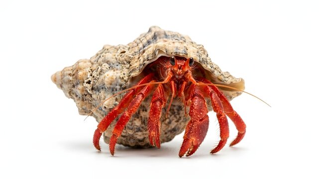 A vibrant red hermit crab hiding inside a large textured sea shell isolated on a plain white background for marine life and nature photography