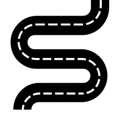 Fototapeta premium Stylized winding road path graphic with dashed center lane, transportation