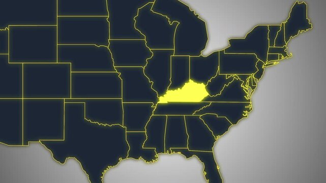 Animated Glowing Kentucky State Map on a Light Gray Gradient Background. Ideal for geography, business, news, and infographic projects.