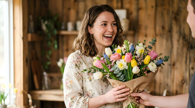 A smiling woman receiving a bouquet of colorful flowers from someone in a cozy room with wooden walls.