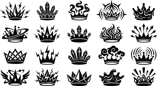 Collection of stylized crown silhouettes featuring fire lightning crystal and geometric designs for gaming and branding
