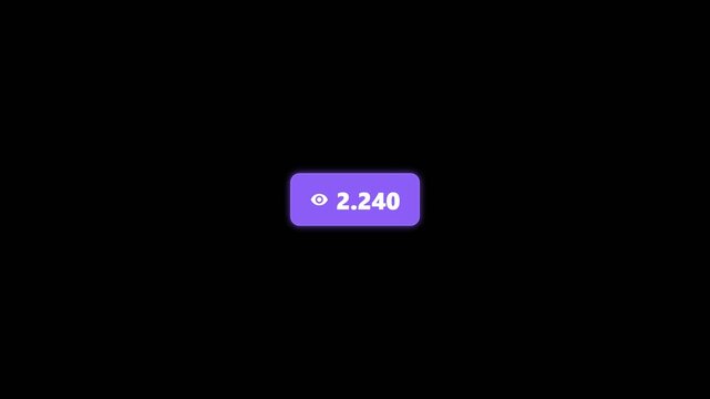 Purple rounded rectangle interface button shows increasing digital view count metrics in this smooth animated motion graphics video clip loop.