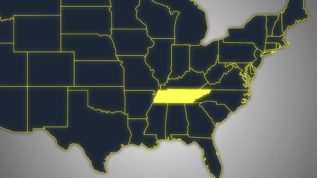 Animated Glowing Tennessee State Map on a Light Gray Gradient Background. Ideal for geography, business, news, and infographic projects.