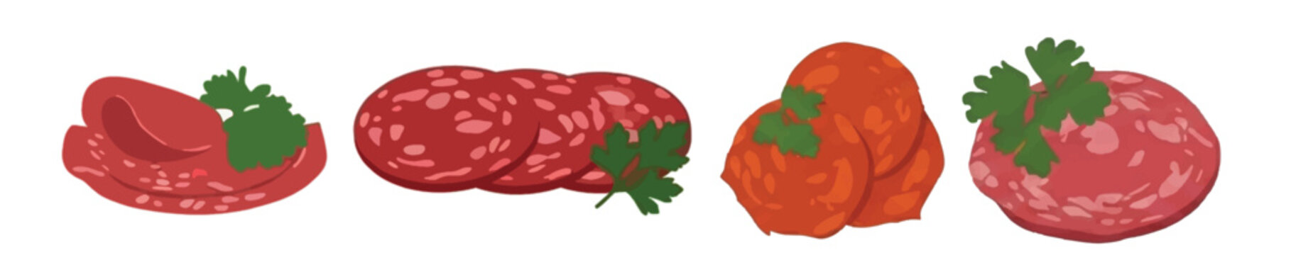 Sliced pepperoni and salami set, cold cuts sausage slices with parsley for pizza toppings vector illustration.