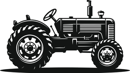 Detailed black silhouette of a vintage farm tractor isolated on white background for agricultural design projects © Asib