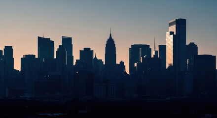 Obraz premium Silhouette of a modern city skyline at dusk with warm light hitting skyscrapers.