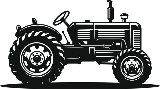 Detailed black silhouette of a vintage farm tractor isolated on white background for agricultural design projects