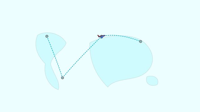 Small airplane icon travels along a dotted navigation path across light blue landmass shapes in this smooth motion video clip