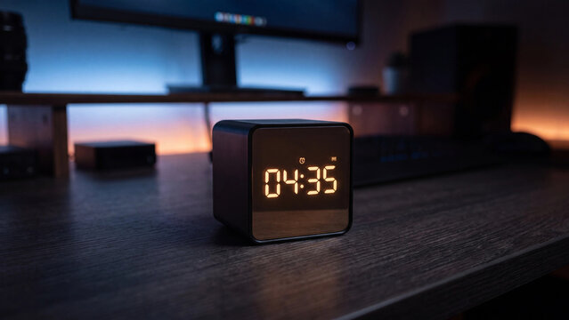 Alarm clock with a glowing amber digital display rests on a dark wooden desk in a dimly lit office, signaling the importance of time management and productivity in a professional environment.