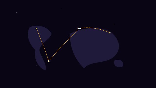 Stylized constellation map animation showing glowing white stars connected by bright orange dashed lines moving across a dark space video