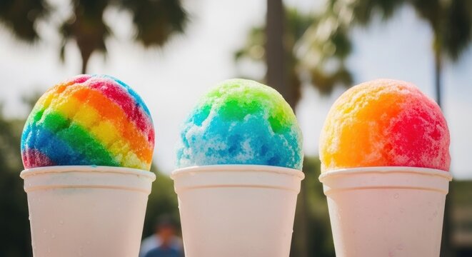 Three colorful shaved ice desserts in cups on a sunny day.