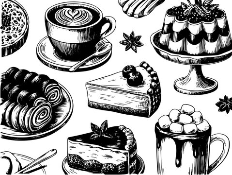 Dibujo a mano de varios postres deliciosos, pasteles y bebidas de caf&eacute; en un estilo blanco y negro