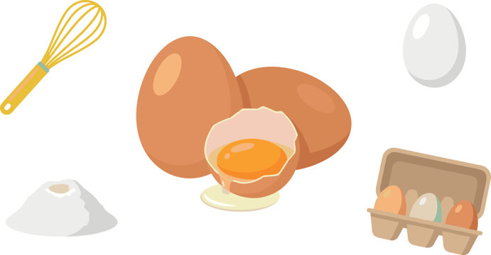 Baking ingredient vector set with raw brown eggs broken eggshell yolk white flour whisk and carton box isolated on white background