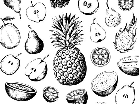 Dibujo a mano de varias frutas tropicales y de huerto, incluyendo pi&ntilde;a, peras y rodajas de c&iacute;tricos