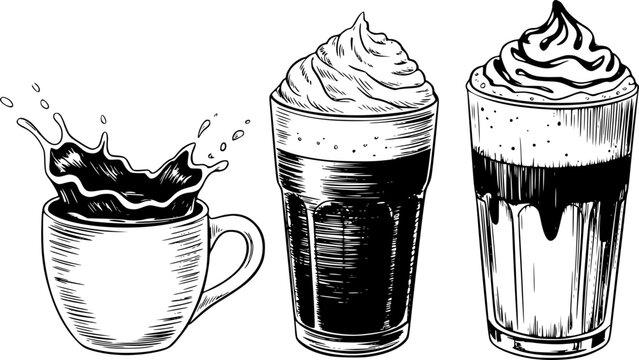 Conjunto dibujado a mano de bebidas de caf&eacute; incluyendo una taza salpicando, caf&eacute; helado y un latte en capas