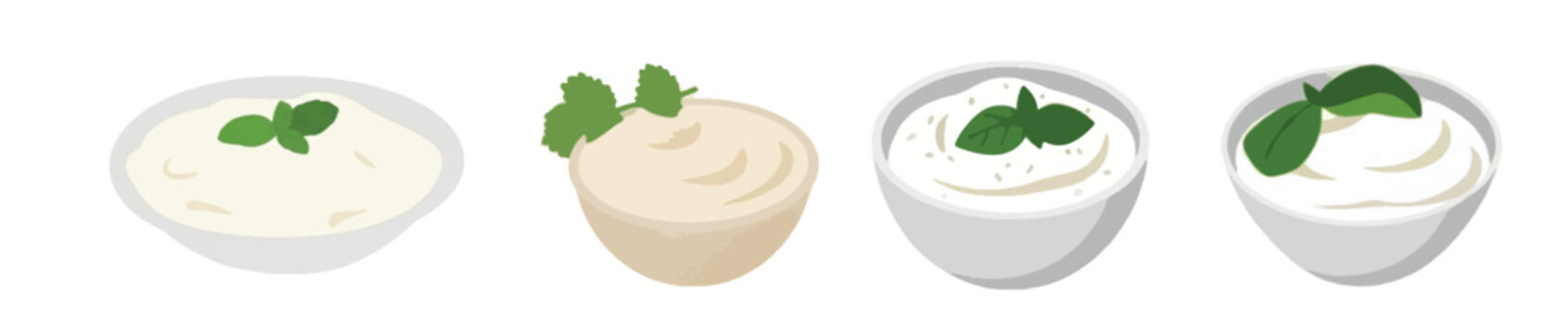 Sour cream and greek yogurt bowl set, white sauce dips with herbs vector illustration for food menu.