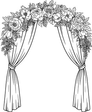 Arco de boda decorado con exuberantes arreglos florales y cortinas fluidas en una l&iacute;nea detallada