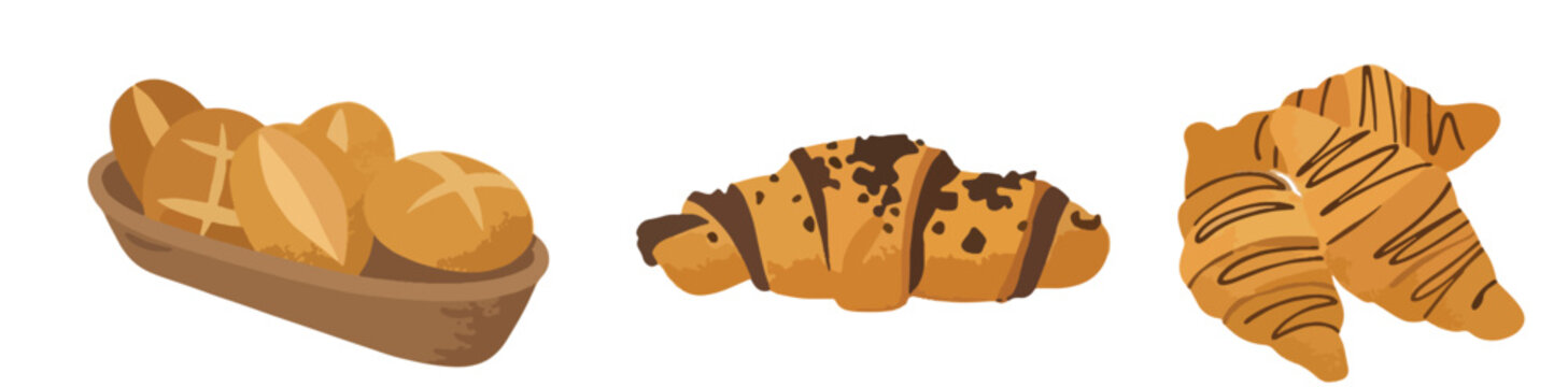 Fresh bakery bread set, French baguette, bread basket and golden croissants vector illustration for cafe menu.